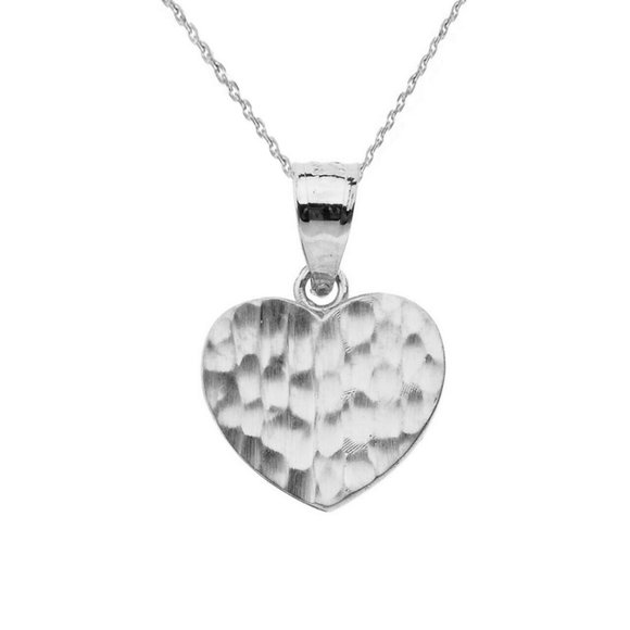 10k White Gold Hammered Mini Heart Small Necklace